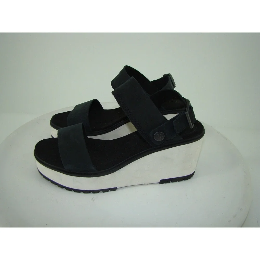 TIMBERLAND WOMENS BLACK WHITE KORALYN WEDGE PLATFORM SANDALS A26SF SIZE 10 C134